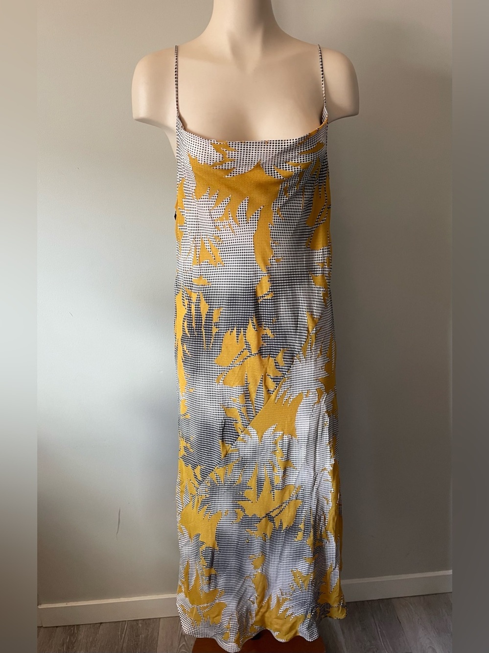 NEW Babaton 1-01 Adira Cowl Neck Slip Dress Midi Tropical Yellow Polka Dot